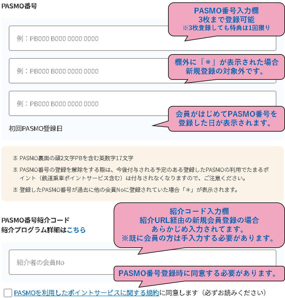 PASMO番号と紹介コードの入力画面
